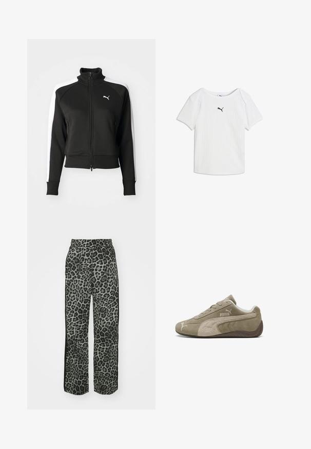Zwarte zip-up jas met hoge kraag, voorzien van witte zijpanelen en een klein wit logo op de borst. Geribde manchetten en onderrand.; Wit geribd T-shirt met korte mouwen, een ronde halslijn en een klein zwart Puma-logo in het midden van de borst.; Leopardprintbroek in grijstinten met een relaxed fit, elastische tailleband en zwarte zijaccenten voor extra detail en contrast.; Suède sneakers in lichtbruin met donkere accenten, voorzien van een laag profiel ontwerp, vetersluiting en een gemerkte logo aan de zijkant.