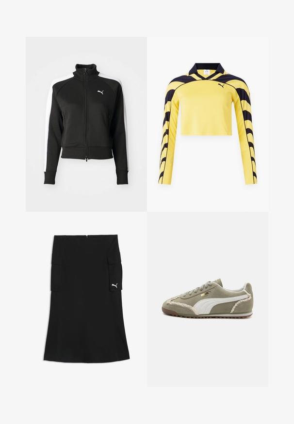 Zwarte zip-up jas met hoge kraag, voorzien van witte zijpanelen en een klein wit logo op de borst. Geribde manchetten en onderrand.; Geel kort-jack met lange mouwen van jersey met zwarte accenten, een polo kraag en een gestructureerd oppervlak met een dynamisch streepjespatroon. Puma-logo inbegrepen.; Zwarte knielange rok met cargozakken aan beide zijden en een klein wit Puma-logo op de rechter zakklep.; Groene suède sneakers met witte leren accenten, geprofileerde stiksels, vetersluiting aan de voorkant en rubberen zool. Bevat unieke ontwerpelementen langs de zijkanten.