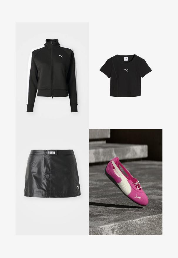 Sort zip-jakke med høj krave, der har hvide sideskåringsdetaljer og et lille hvidt logo på brystet. Ribkanter på ærmerne og nederste kant.; Sort kortærmet ribbet crop top med rund halsudskæring og hvid Puma-logo midt på brystet.; Sorte faux læder nederdel med en glat tekstur, der har et PUMA-logo på taljen og et lille logo på kanten.; Lyserød og hvid Puma flad sko med snørebånd, der hviler på et gråt betontrin udendørs.