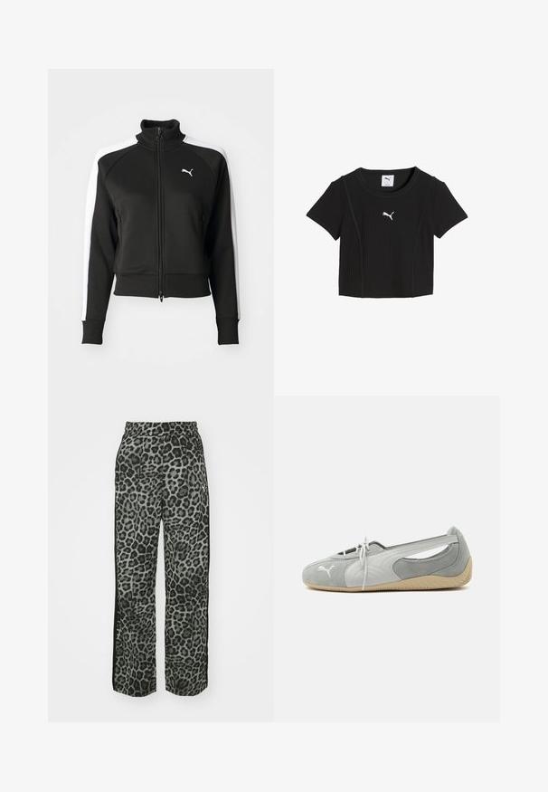 Zwarte zip-up jas met hoge kraag, voorzien van witte zijpanelen en een klein wit logo op de borst. Geribde manchetten en onderrand.; Zwarte geribbelde crop top met korte mouwen, ronde hals en wit Puma-logo in het midden van de borst.; Leopardprintbroek in grijstinten met een relaxed fit, elastische tailleband en zwarte zijaccenten voor extra detail en contrast.; Lichtgrijze Puma suède platte schoen met wit logo, veters aan de voorkant, uitgesneden zijkanten en beige gestructureerde zool, gezien vanaf de buitenkant.