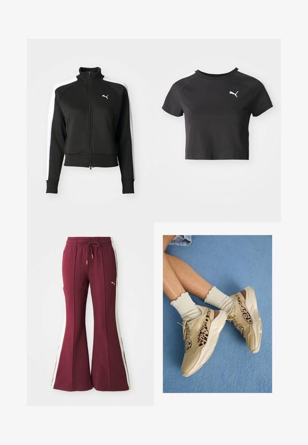 Chaqueta negra con cierre de cremallera y cuello alto, que cuenta con acentos en paneles laterales blancos y un pequeño logo blanco en el pecho. Puños y dobladillo acanalados.; Camiseta negra corta de algodón, con un cuello redondo, mangas raglán cortas y un logo blanco de Puma en el lado izquierdo del pecho.; Pantalones acampanados en color burdeos con franjas blancas laterales, cintura con cordón y logotipo dorado. Tejido suave con un acabado texturizado y piernas ajustadas.; Piernas cruzadas con zapatillas Puma beige con rayas de estampado de leopardo y calcetines crema con volantes sobre una alfombra azul.