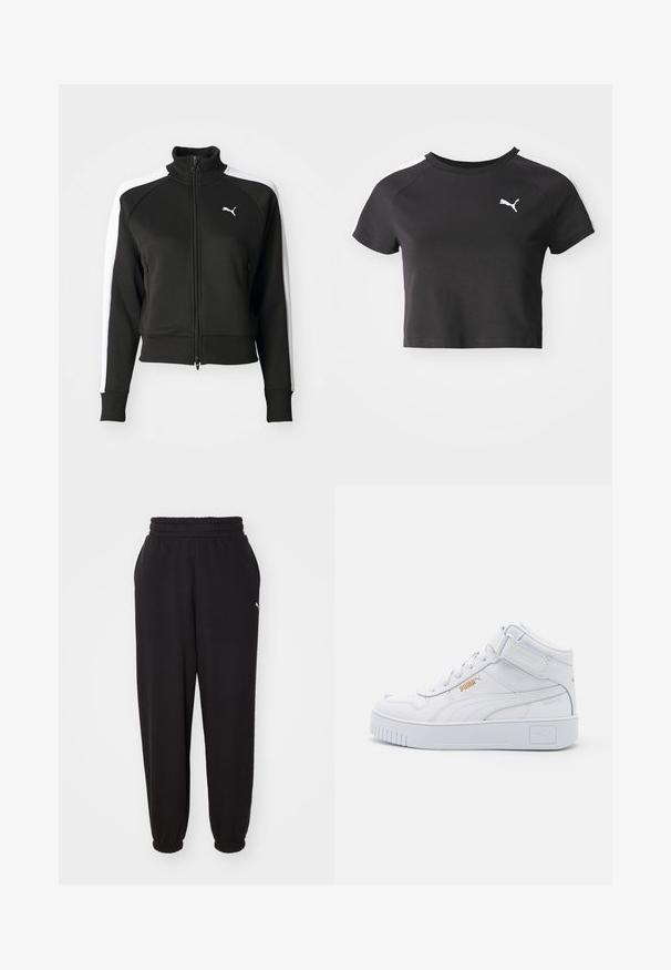 Sort zip-jakke med høj krave, der har hvide sideskåringsdetaljer og et lille hvidt logo på brystet. Ribkanter på ærmerne og nederste kant.; Sort cropped t-shirt lavet af bomuld, med rund halsudskæring, korte raglanærmer og et hvidt Puma-logo på venstre bryst.; Sorte sweatpants lavet af blødt stof, med en ribbet talje og mansjetter ved anklerne. Indeholder en lille logoaccent på siden.; Hvide høj-top sneakers med en glat læderoverdel, flade snørebånd, polstret krave og en struktureret gummisål med logo accenter.