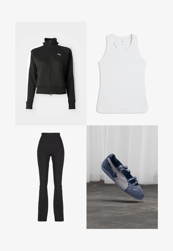 Sort zip-jakke med høj krave, der har hvide sideskåringsdetaljer og et lille hvidt logo på brystet. Ribkanter på ærmerne og nederste kant.; Hvid atletisk tank top med rund halsudskæring og racerback-design. Fremstillet af glat stof med tætsiddende silhuet og diskret mærkelogo.; Sorte flared leggings lavet af strækbart stof, med en høj talje og glat tekstur, designet til komfort og bevægelighed.; Blå og grå Puma flad sko med tre elastiske stropper, tekstureret sidepanel og hvidt Puma-logo, svævende over en betongulv.