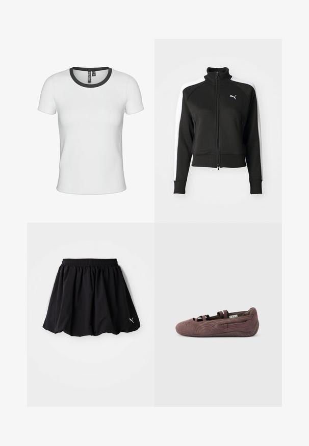 Veste zippée noire avec col haut, présentant des accents de panneaux latéraux blancs et un petit logo blanc sur la poitrine. Poignets et ourlet côtelés.; T-shirt blanc à côtes avec un col rond présentant une bordure contrastante noire. Manches courtes et coupe ajustée.; Jupe de sport noire avec une taille élastique, ornée de panneaux blancs sur les côtés et d'un petit logo au bas. Fabriquée en tissu léger.; Ballerine plate en suède marron avec des lanières élastiques et une semelle texturée, vue de profil sur un fond clair uni.