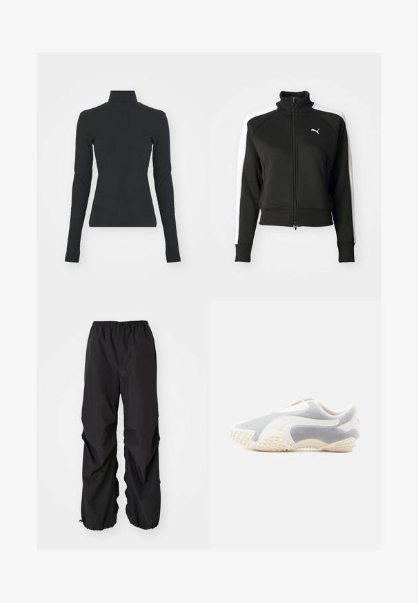 Zwarte zip-up jas met hoge kraag, voorzien van witte zijpanelen en een klein wit logo op de borst. Geribde manchetten en onderrand.; Zwarte geribbelde coltrui met lange mouwen, nauwsluitende pasvorm, gladde textuur en subtiele rek, ontworpen voor comfort en laagjes.; Zwarte elastische taillebandbroek van waterafstotend materiaal. Heeft een losse pasvorm metGathered cuffs bij de enkels en geen zichtbare patronen.; Sportschoen in lichtgrijs suede met witte leren accenten. Heeft een gestructureerde zool met kleine spikes voor grip. Instapontwerp.