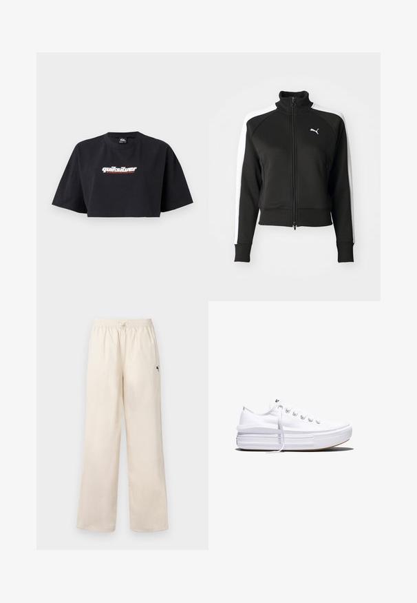 Zwarte zip-up jas met hoge kraag, voorzien van witte zijpanelen en een klein wit logo op de borst. Geribde manchetten en onderrand.; Zwarte crop top t-shirt, korte mouwen, gemaakt van katoen. Voorzijde toont het logo "Quiksilver Boarding Company" in wit en rood.; Lichtbeige wijde broek met een elastische tailleband en koord. Bevat een klein zwart logo aan de zijkant. Gladde textuur.; Witte lage canvas sneaker met dikke plateauzool, veters aan de voorkant en rubberen toeskap met structuur, zijaanzicht.