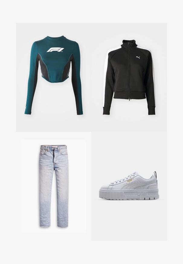 Zwarte zip-up jas met hoge kraag, voorzien van witte zijpanelen en een klein wit logo op de borst. Geribde manchetten en onderrand.; Teal lange mouwen crop top met zwarte zijpanelen. Heeft een wit logo op de borst en contrasterende stiksels. Gemaakt van rekbaar materiaal.; Lichtblauwe denim jeans met een straight leg ontwerp, voorzien van een knoopgulp, vijf zakken en subtiele vervaging langs de benen.; Witte platform sneakers met een leren bovenwerk, gevoerde kraag, grijze rubberen zool en gouden accenten met het Puma-logo.