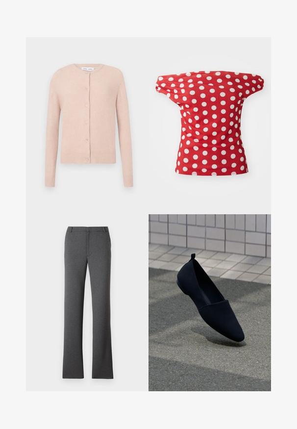 Lys pink cardigan lavet af blødt materiale, med rund halsudskæring, fem knapper foran og ribstrikkede manchetter og kant.; Rød kortærmet top med off-the-shoulder design, der har hvide prikkede mønstre. Fremstillet af glat stof med en tætsiddende facon.; Grå bukser med en lige ben-design. Fremstillet af et struktureret stof, med flad front og bæltesløjfer. Ingen synlige mønstre eller hårdvarer.; Sorte flade sko med spids tå, glat tekstur og minimalistisk design. Har en lille hæl og en løkke ved ryggen.
