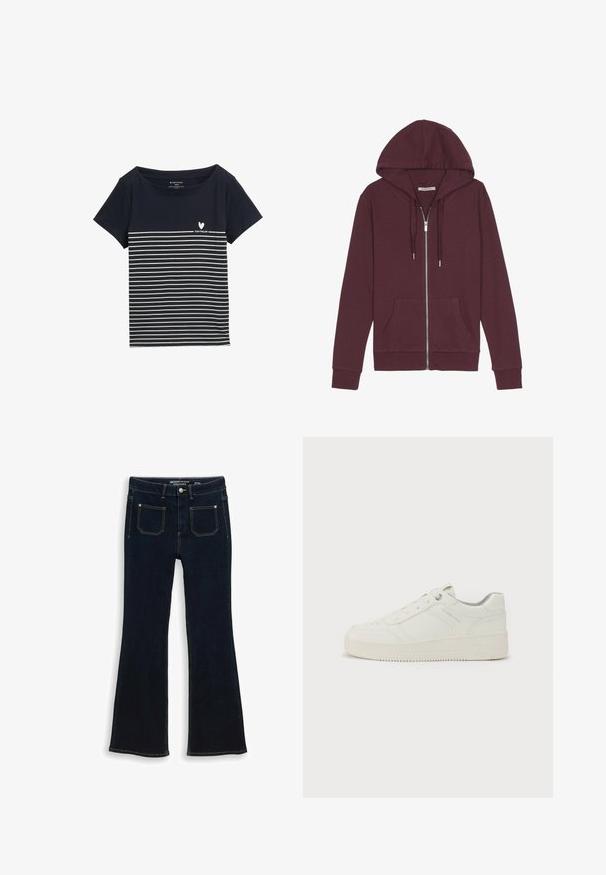 Bordeaux zip-up hoodie met een trekkoord capuchon, twee voorzakken, geribbelde manchetten en een gladde stofstructuur.; Marineblauwe t-shirt met witte horizontale strepen, ronde halslijn, korte mouwen en een klein hartlogo met de tekst "TOM TAILOR" op de voorkant.; Donkerblauwe denim flare jeans met voorzakken, knoopsluiting en contrasterende stiksels, plat gelegd op een witte achtergrond.; Witte sneaker met een gladde leren buitenkant, ronde neus, zes oogjes, gevoerde kraag en een gestructureerde rubberen zool. Subtiel merkembleem aan de zijkant.