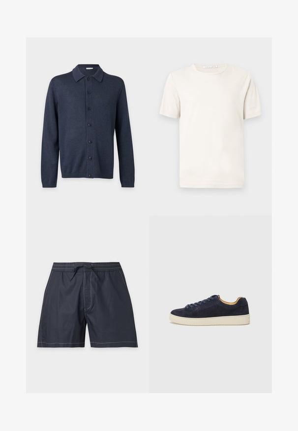 Cardigan tricot bleu foncé à manches longues avec col et sept boutons noirs sur le devant, sur un fond uni.; T-shirt blanc uni à manches courtes et col rond, avec étiquette "Tiger of Sweden" sur le col, présenté sur un fond gris clair.; Short de bain bleu marine avec coutures blanches, taille élastique, poches latérales et fermeture à nouer sur le devant.; Baskets basses en suede bleu marine avec bout arrondi, semelle en caoutchouc blanc cassé et lacets assortis ; dotées d'une doublure intérieure contrastante couleur tan.