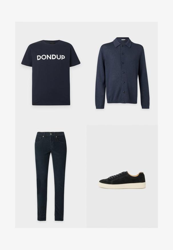 Cardigan tricot bleu foncé à manches longues avec col et sept boutons noirs sur le devant, sur un fond uni.; T-shirt bleu marine à manches courtes avec le logo blanc "DONDUP" centré sur la poitrine, col rond, design épuré.; Pantalon en velours côtelé noir coupe slim avec fermeture frontale à boutons et poches, présenté à plat sur fond blanc.; Baskets en daim noir au design bas, avec des lacets assortis, une semelle en caoutchouc texturé crème et une silhouette minimaliste.