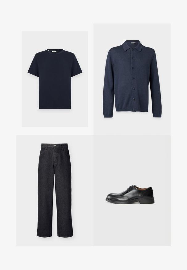 Cardigan tricot bleu foncé à manches longues avec col et sept boutons noirs sur le devant, sur un fond uni.; T-shirt bleu marine à manches courtes avec col rond et ourlet droit, présenté sur fond blanc.; Jean en denim noir, taille haute et jambes droites, avec fermeture à boutons et poches avant, présenté sur un fond clair uni.; Chaussure de ville en cuir noir avec un bout arrondi, surface lisse, détails en dentelle et une semelle en caoutchouc texturée basse. Lignes épurées et design minimal.