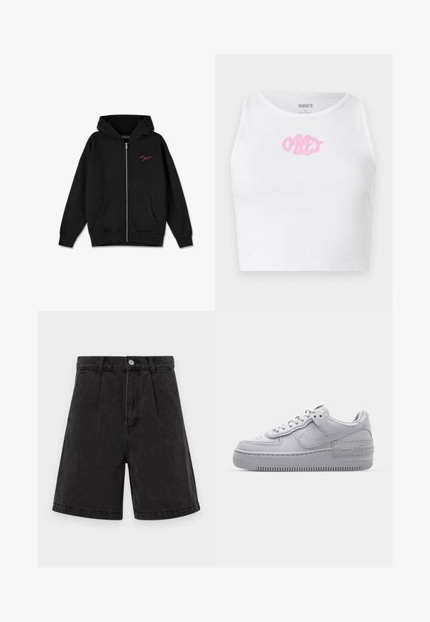 Zwarte zip-up hoodie met een frontzak, geribbelde manchetten en een geborduurd roze logo op de linkerborst. Gemaakt van zachte stof.; Witte geribde cropped top met een roze "OBEY" logo in het midden. Ontworpen met een ronde halslijn en zonder mouwen.; Zwarte denim shorts met een hoge taille, geplooide voorkant en omgeslagen zoom. Voorzien van een metalen knoop en rits sluiting. Egaal textuur.; Grijze Nike Air Force 1 sneaker met geperforeerde neus, glad leren bovenwerk, dikke zool en verhoogde 'AIR' details op de hiel.