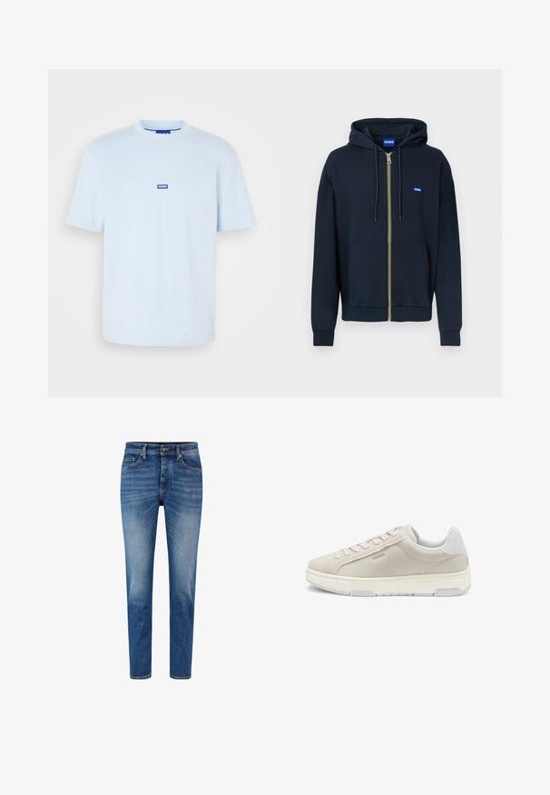 Marineblaue Kapuzenjacke mit Reißverschluss, Vordertaschen, Kordelzugkapuze, gerippten Bündchen und einem kleinen blauen "HUGO"-Logoaufnäher auf der Brust.; Hellblaues Baumwoll-T-Shirt mit Rundhalsausschnitt und kurzen Ärmeln; verfügt über ein kleines blaues Logolabel in der Mitte vorne.; Helle blaue Jeans aus Denim mit schlankem Schnitt, die ein klassisches Fünf-Taschen-Design, einen Knopfverschluss und dezente Ausbleichungen an den Beinen aufweisen.; Hellbeige Wildleder-Sneaker mit strukturierter Oberfläche, weißer Gummisohle, Schnürdesign und dezenten grauen Akzenten an der Ferse.