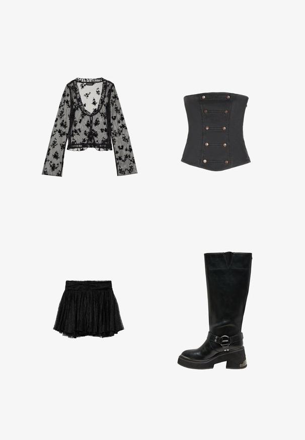 Durchsichtige schwarze Bluse mit floralem Muster, Rüschen-Ausschnitt, langen Ärmeln und Knopfverschluss. Zarte Spitzenakzente entlang der Kanten.; Schwarzes trägerloses Korsett mit sechs Paaren dekorativer kupferner Knöpfe, die vorne vertikal angeordnet sind.; Schwarzer Spitzenrock mit plissiertem Design, ausgestattet mit einem taillierten Bund und einer mehrlagigen Tüllunterlage für zusätzlichen Volumen und Textur.; Schwarzer kniehoher Lederstiefel mit klobigem Blockabsatz, silbernem Ringdetail am Knöchelriemen und Metallakzent an der Absatzseite.