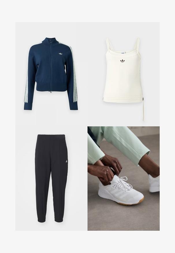 Veste bleu marine zippée avec col montant, logo Adidas trefoil blanc sur la poitrine et détails à rayures blanches le long des manches.; Débardeur crème à fines bretelles ; logo Adidas noir sur la poitrine. Tissu lisse avec un cordon de serrage au bas. Design simple.; Pantalons de sport noirs en tissu lisse. Design ajusté avec des poignets élastiques. Présente un petit logo blanc sur la hanche gauche.; Chaussure de sport blanche avec une tige en maille, semelle en caoutchouc et un design à trois bandes. Les lacets sont en train d'être ajustés ; des vêtements gris clair et vert menthe sont visibles.