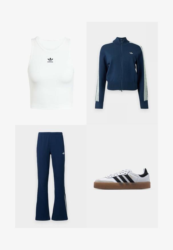 Marineblauwe jas met ritssluiting en hoge kraag, wit Adidas trefoil-logo op de borst en witte gestreepte details langs de mouwen.; Witte katoenen tanktop met een aansluitende ribbelstructuur, ronde halslijn en geborduurd zwart Adidas-logo op de voorkant.; Marineblauwe geribbelde wijde trainingsbroek met witte zijstrepen en een geborduurd logo aan de linkerkant, voorzien van twee zijzakken.; Witte leren sneakers met zwarte strepen, gumrubberen buitenzool, ronde neus, vetersluiting en een zachte grijze suède neuskap.
