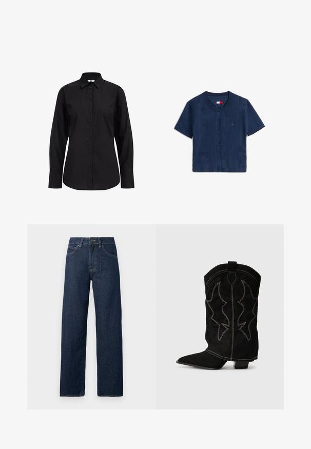 Krátky rukáv námornícky modrý rebrovaný kardigán so zaobleným výstrihom, zapínaním na gombíky vpredu a malým logom Tommy Jeans na hrudi.; Čierna košeľa s dlhým rukávom na gombíky z hladkej tkaniny, so klasickým golierom, prednými gombíkmi a upraveným strihom.; Tmavomodré rifle so strihom rovné nohavice, s predným zapínaním na gombík a zips, päť vreciek, na bielom pozadí.; Čierne semišové kovbojské topánky s špicatou špičkou, nízkym opätkom a dekoratívnym bielym šitím, ktoré má na nohavici vzor pripomínajúci plameň.