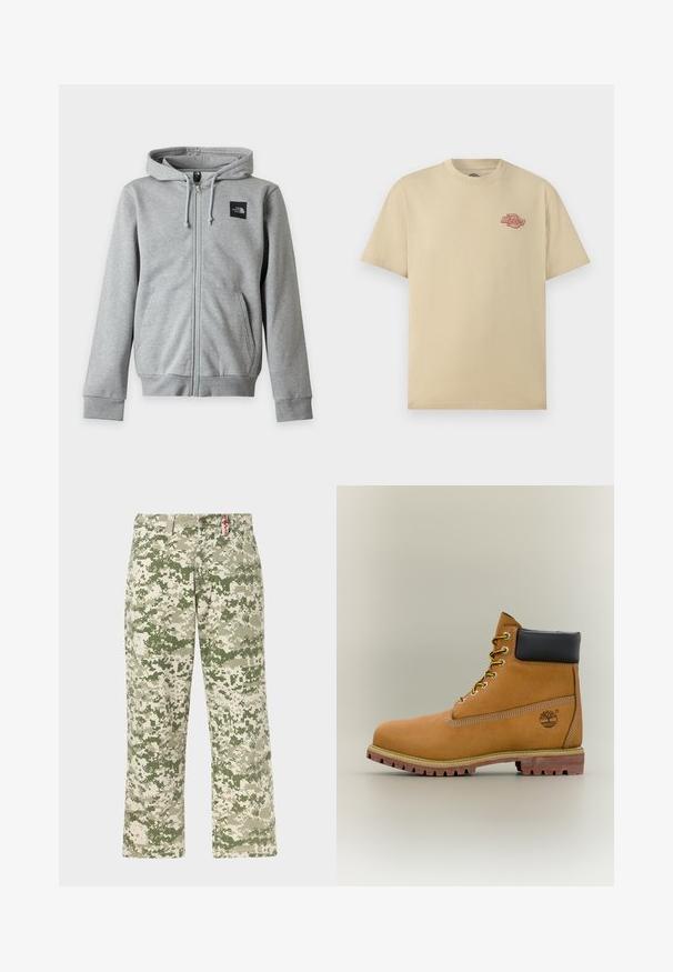 Sweat à capuche gris clair zippé, manches longues, poches avant, capuche avec cordon et petit logo noir North Face sur la poitrine gauche.; T-shirt beige à manches courtes avec col rond, petit logo rouge "Dickies" sur la poitrine gauche.; Pantalons droits pour hommes avec motif camouflage pixellisé vert et beige, poches avant, présentés sur un fond clair.; Bottine en cuir marron avec col noir, lacets jaunes et semelle beige. Présente un logo et des détails de couture blanche. Semelle extérieure à traction robuste.