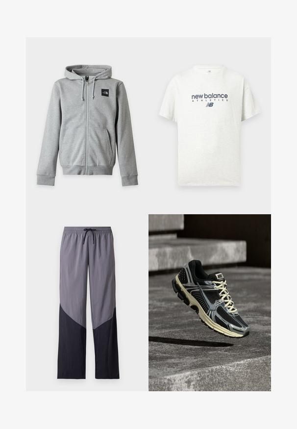 Lys grå hættetrøje med lynlås, lange ærmer, frontlommer, justerbar hætte og lille sort North Face-logo på venstre bryst.; Hvid kortærmet T-shirt med rund hals og trykket "new balance ATHLETICS" samt "NB"-logo i mørkeblå på midten foran.; Lysegrå og sorte farveblokke casual bukser med elastisk taljebånd og sort snøre foran.; Sort og grå Nike-løbesko med cremefarvede snørebånd, der svæver over en tekstureret betonoverflade.