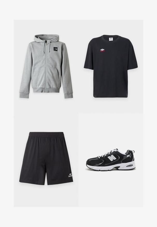 Sweat à capuche gris clair zippé, manches longues, poches avant, capuche avec cordon et petit logo noir North Face sur la poitrine gauche.; T-shirt noir à manches courtes avec col rond, avec un petit logo Umbro blanc et rouge sur le côté gauche de la poitrine.; Shorts de sport en mesh noir avec taille élastique et logo blanc de la marque "baree" près de l'ourlet bas sur la jambe droite.; Baskets de sport noires et grises avec un tige en mesh et en suède, présentant une semelle intermédiaire blanche, des lacets et un logo "N" audacieux sur le côté.