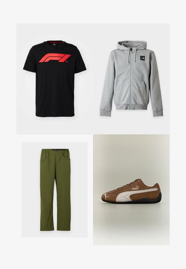 Svetlosivá mikina s kapucňou na zips, dlhými rukávmi, prednými vreckami, sťahovacou šnúrkou na kapucni a malým čiernym logom North Face na ľavej strane hrudníka.; Čierne bavlnené tričko s veľkým červeným logom Formula 1 na prednej strane. Okrúhly výstrih a krátke rukávy, hladká textúra.; Olivovo zelené nohavice so strihom rovno, elastickým pásom a čiernym nastaviteľným opaskovým prackou, s vreckami vpredu a po stranách, detailom švu vpredu.; Hnedá semišová teniska s bielymi akcentmi a textúrovaným dizajnom. Má čiernu gumovú podrážku a výrazné logo Puma na boku.