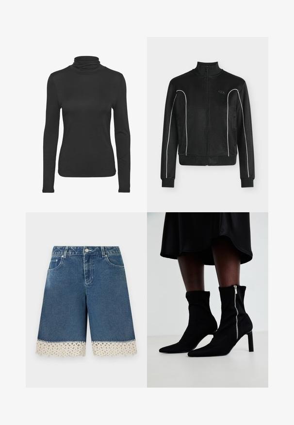 Zwarte jas met rits en hoge kraag, witte biezen langs mouwen en zijden, geribde manchetten en zoom, en klein logo op de linkerborst.; Zwarte lange mouw turtleneck shirt gemaakt van glad, rekbaar materiaal. Heeft een aansluitend ontwerp en een klassieke hoge kraag.; Denimshorts met voorzakken en knoopsluiting, met witte bloemige kanten bies langs de zoom.; Zwarte enkellaarsjes met een rekbare stoffen bovenkant, een spitse neus en een rits aan de zijkant, geplaatst op een slanke hoge hak.