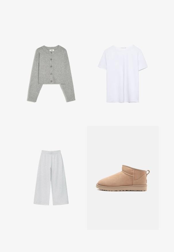Lysegrå kort cardigan med rund halsudskæring og fem knapper foran, lange ærmer og ribstrikkede manchetter, lagt fladt på hvid baggrund.; Simpel hvid kortærmet t-shirt med rund hals og lige kant, præsenteret på en hvid baggrund.; Lys grå vidtgående bukser lavet af blødt stof med elastisk talje. Designet har en løs pasform for komfort og bevægelsesfrihed.; Brune ruskindsankelstøvle med en rund tå, blød tekstur, enkelt design og en lavprofil gummisål. Har en trækrem bagpå.