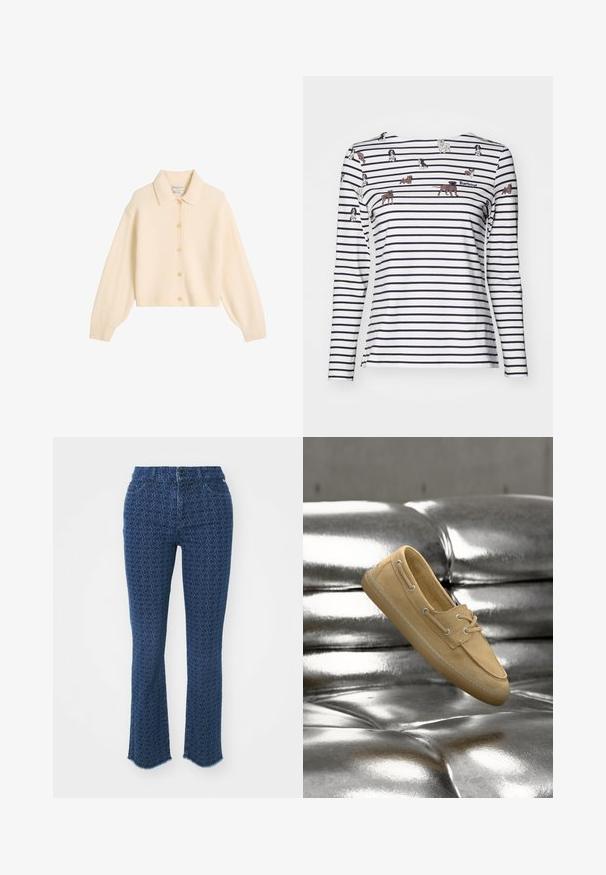 Cremefarbener, gerippter Cardigan mit Kragen und sechs Knöpfen zum Schließen. Hat lange, leicht gepuffte Ärmel und eine kurz geschnittene Passform.; Barbour BRADLEY PRINT - Langarmshirt - multi-coloured; Dunkelblaue Jeans mit einem wiederholten kreisförmigen Muster, geradem Beinschnitt, ausgefransten Säumen und traditionellem Fünf-Taschen-Design, mit einem Knopfverschluss vorne.; Hellbrauner Wildleder-Bootsschuh mit Schnürsenkeln, der über einem spiegelnden silbernen Leder-Tufted-Sofa schwebt.