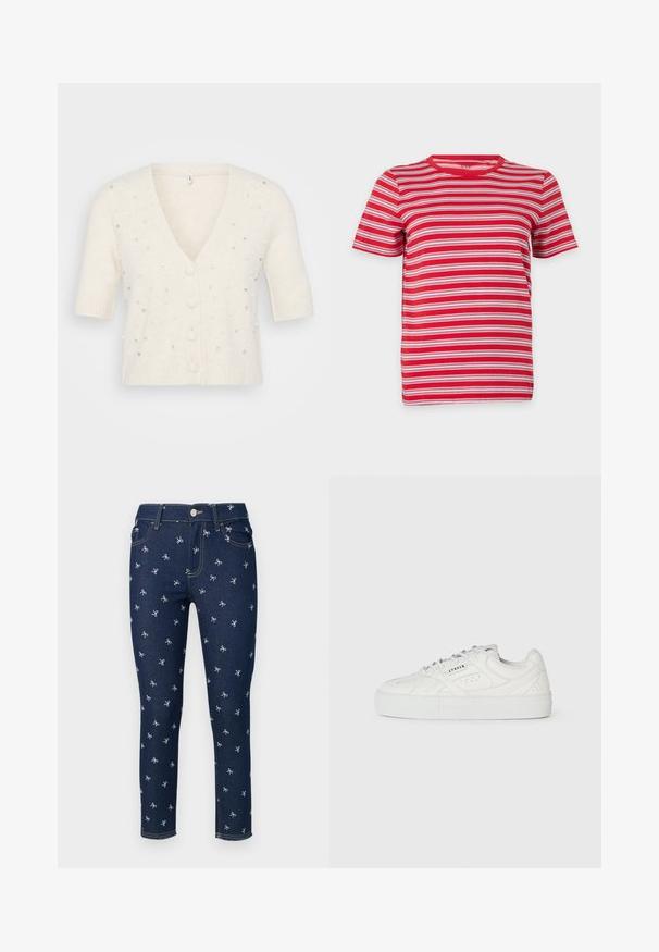 Cardigan à manches courtes en V couleur crème, fabriqué en matériau doux, avec des embellissements décoratifs en perles et en strass et une fermeture à bouton.; T-shirt à manches courtes et col rond avec des rayures horizontales rouges, blanches et roses, présenté sur un fond blanc en style flat-lay.; Jean slim bleu foncé avec motifs de nœuds blancs, style cinq poches, fermeture par boutons et surpiqûres contrastantes.; Baskets blanches montantes avec un design à lacets, détails perforés et "CPNHGN" imprimé sur le côté, sur un fond blanc uni.