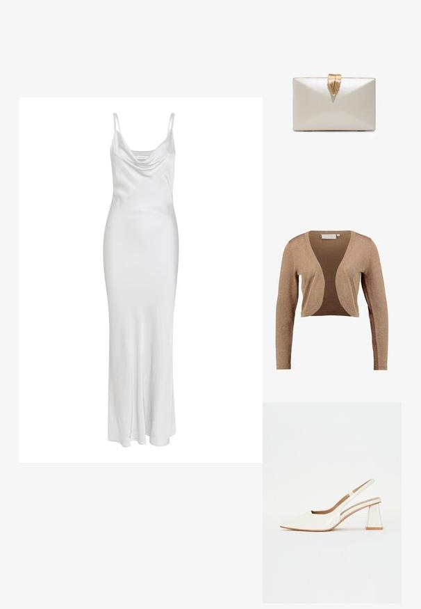Glitterige beige cropped cardigan met lange mouwen, een open voorkant, en een gladde textuur, met afgeronde randen en minimale naden.; Witte spaghettibandjurk met een cowl halslijn, een getailleerd silhouet en een zachte, gladde textuur. Vloerlange jurk zonder zichtbare patronen of accessoires.; Witte patenten leren slingback schoen met een spitse neus en een geometrische blokhak. Het interieur heeft een tan kleurige inlegzool en minimale zijsnedes.; Rechthoekige beige clutch met een gladde textuur, voorzien van een gouden metalen sluiting in de vorm van een blad in het midden bovenaan.