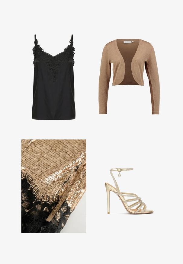 Glitzernde beigefarbene kurz geschnittene Strickjacke mit langen Ärmeln, offenem Design und glatter Textur, mit abgerundeten Kanten und minimalen Nähten.; Schwarzes Top mit V-Ausschnitt und filigranen Spitzenverzierungen am Kragen. Mit Spaghetti-Trägern und einem glatten, leichten Stoff.; Goldene Paillettenseide mit einem strukturierten schwarzen Spitzenrand. Die Pailletten sind dicht angeordnet und reflektieren das Licht, wodurch eine glänzende Oberfläche entsteht.; Goldene High-Heelsandalen mit mehreren mit Kristallen verzierten Riemen und einem Knöchelriemen, die eine glatte metallische Oberfläche und eine spitze Zehenform aufweisen.