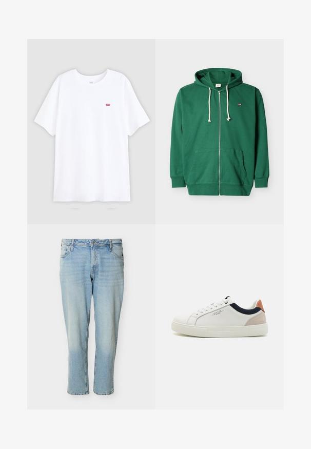 Grüner Kapuzenpullover mit Reißverschluss, weißen Kordeln, Kängurutaschen, gerippten Bündchen und einem kleinen roten Logoaufnäher auf der linken Brust.; Weißes Baumwoll-T-Shirt mit kurzen Ärmeln und Rundhalsausschnitt. Verfügt über ein kleines rotes Levi's-Logo auf der linken Brust. Flaches Design, keine Muster.; Hellblaue Jeans aus Denim mit klassischem Fünf-Taschen-Design, Knopfverschluss und geradem Bein auf weißem Hintergrund.; Weiße Leder-Sneaker mit einem Low-Top-Design, marineblauem Stoffakzent am Kragen und einem hellrosa Wildleder-Hackenteil. Gummisohle.
