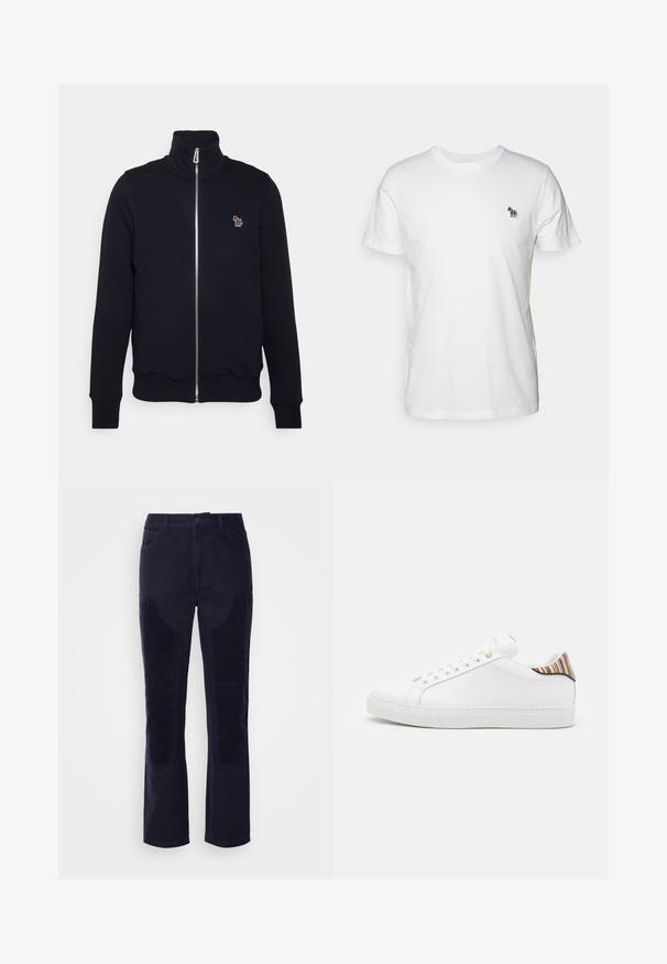 Marineblaue Zip-Up-Sweatshirt mit hohem Kragen, gerippten Bündchen und Saum. Verfügt über ein gesticktes Logo auf der linken Brust. Hergestellt aus weichem Stoff.; Weißes Baumwoll-T-Shirt mit classic Rundhalsausschnitt und kurzen Ärmeln. Mit einem kleinen, mehrfarbigen gestickten Pferdelogo auf der Brust.; Dunkelblaue Cordhosen aus glattem Stoff mit geradem Bein und horizontal gestreiften Patches an den Vorderentaschen für zusätzlichen Textur.; Weiße Ledersneaker mit glatter Oberfläche, ausgestattet mit einem bunten gestreiften Akzent an der Ferse, goldener Öse und flacher weißer Sole.