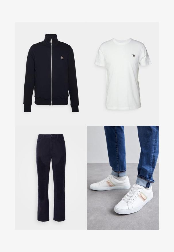 Marineblaue Zip-Up-Sweatshirt mit hohem Kragen, gerippten Bündchen und Saum. Verfügt über ein gesticktes Logo auf der linken Brust. Hergestellt aus weichem Stoff.; Weißes Baumwoll-T-Shirt mit classic Rundhalsausschnitt und kurzen Ärmeln. Mit einem kleinen, mehrfarbigen gestickten Pferdelogo auf der Brust.; Dunkelblaue Cordhosen aus glattem Stoff mit geradem Bein und horizontal gestreiften Patches an den Vorderentaschen für zusätzlichen Textur.; Weiße Leder-Sneaker mit mehrfarbigen Streifen, Schnürdesign, Gummisohle und gepolstertem Kragen, kombiniert mit blauen Jeans.