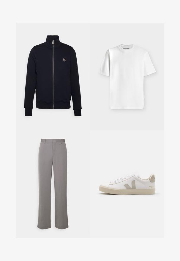 Marine blauwe zip-up sweatshirt met hoge kraag, geribbelde manchetten en tailleband. Bevat een geborduurd logo op de linkerkant van de borst. Gemaakt van zachte stof.; Effen wit T-shirt met korte mouwen en een ronde hals, plat liggend op een lichtgrijze achtergrond met een klein merkje aan de binnenkant van de halslijn.; Tiger of Sweden TREY - Broek - grey shadow; Witte leren sneaker met beige accenten, platte rubberen zool, ronde neus en contrasterend logo aan de zijkant en achterkant. Vetersluiting.