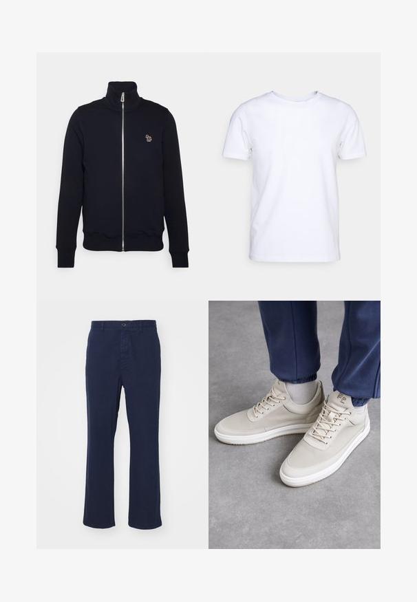Sweat-shirt zippé bleu marine avec col montant, poignets et taille côtelés. Présente un logo brodé sur la poitrine gauche. Fabriqué en tissu doux.; T-shirt blanc à manches courtes en tissu de coton avec un col rond. Design simple sans motifs ni accents. Texture lisse.; Pantalon en coton bleu marine avec une coupe droite, doté d'une fermeture à bouton à l'avant et de poches latérales. Texture lisse avec un minimum de détails.; Baskets beiges en matériau texturé, à bout rond, avec des lacets et un design minimaliste. Semelle blanche avec des détails beige clair. Porté avec un jogging bleu marine.