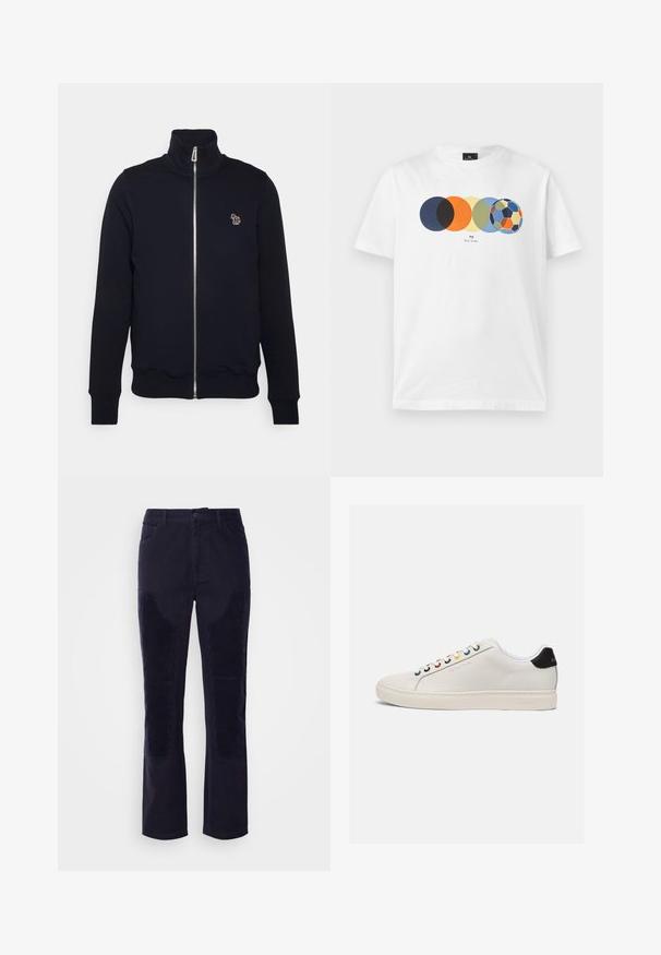 Námornícka mikina na zips s vysokým golierom, rebrovanými manžetami a pásom. Vyznačuje sa vyšitým logom na ľavej hrudi. Vyrobená z mäkkej látky.; Biele tričko s krátkym rukávom s grafikou piatich prekrývajúcich sa farebných kruhov, posledný pripomína viacfarebnú futbalovú loptu, a malý text pod nimi.; Tmavo modré kordové nohavice s hladkým materiálom, rovnými nohavicami a horizontálnymi ribbenými detailmi na predných vreckách pre zvýšenie textúry.; Biele kožené tenisky so slabo zaoblenou špičkou, plochou podrážkou, viacfarebnými okami, čiernym pätkovým pútkom a embosovaným logom na boku.