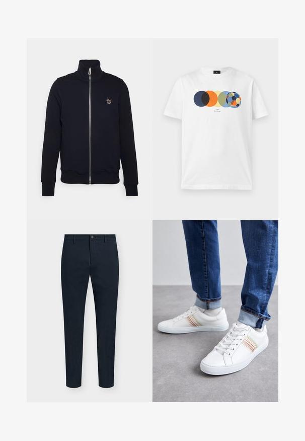 Mørkeblå zip-up sweatshirts med høj krave, ribstrikkede manchetter og talje. Har et broderet logo på venstre bryst. Lavet af blødt stof.; Hvid t-shirt med korte ærmer med grafik af fem overlappende farvede cirkler, hvor den sidste ligner en multifarvet fodbold, og lille tekst nedenunder.; Marineblå, slim fit herrebukser med frontknap og lynlås, bæltestropper og minimalistisk design.; Hvide lædersneakers med multicolore striber, snørebåndsdesign, gummisål og polstret krave, parret med blå denimjeans.