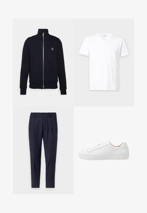 Sweat-shirt zippé bleu marine avec col montant, poignets et taille côtelés. Présente un logo brodé sur la poitrine gauche. Fabriqué en tissu doux.; T-shirt blanc uni à manches courtes avec un col en V et une petite étiquette de marque visible à l'intérieur du col sur un fond neutre.; Pantalons bleu marine ajustés, dotés de plis, d'une fermeture à bouton et de poches latérales. Fabriqués dans un tissu lisse avec un léger éclat.; Sneaker en cuir blanc avec une finition lisse, bout rond, design plat à lacets, et une semelle en caoutchouc épaisse présentant un motif de grip texturé.