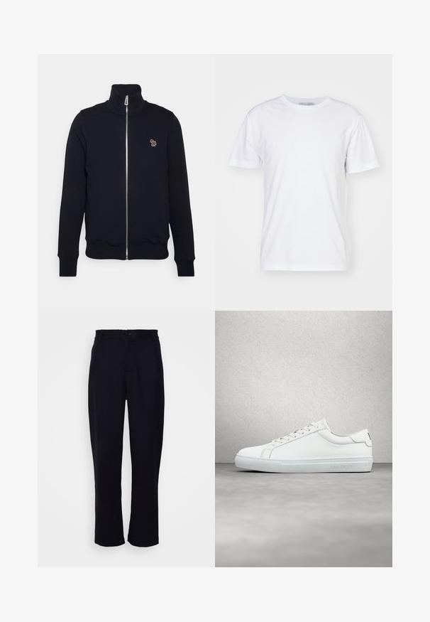 Mørkeblå zip-up sweatshirts med høj krave, ribstrikkede manchetter og talje. Har et broderet logo på venstre bryst. Lavet af blødt stof.; Hvid bomulds t-shirt med rund halsudskæring, korte ærmer og lige snit. Ingen mønstre eller udsmykninger, glat tekstur og enkel design.; Sorte bukser med lige ben-design, der har en tætsiddende talje, en enkelt frontknap og to forlommer. Glat tekstur.; Hvide lædersneakers med en glat finish, rund tå, flade snørebånd og et minimalistisk design. Lys grå gummisål med branding på siden.