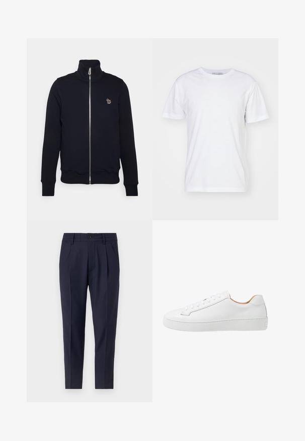 Sweat-shirt zippé bleu marine avec col montant, poignets et taille côtelés. Présente un logo brodé sur la poitrine gauche. Fabriqué en tissu doux.; T-shirt en coton blanc avec un col rond, des manches courtes et une coupe droite. Sans motifs ni embellissements, texture lisse et design sobre.; Pantalons bleu marine ajustés, dotés de plis, d'une fermeture à bouton et de poches latérales. Fabriqués dans un tissu lisse avec un léger éclat.; Sneaker en cuir blanc avec une finition lisse, bout rond, design plat à lacets, et une semelle en caoutchouc épaisse présentant un motif de grip texturé.