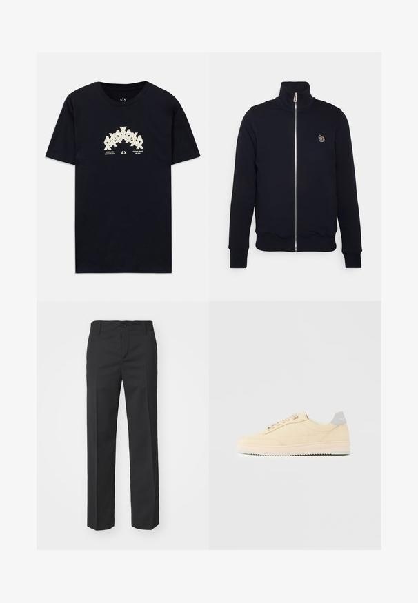 Námornícka mikina na zips s vysokým golierom, rebrovanými manžetami a pásom. Vyznačuje sa vyšitým logom na ľavej hrudi. Vyrobená z mäkkej látky.; Čierne bavlnené tričko s krémovým grafickým dizajnom a prekrývajúcim sa textom "AX" a "AX MILANO DEPARTMENT ZALOŽENÉ V ROKU 1991." Krátke rukávy.; Filippa K TROY TROUSERS - Nohavice - black; Béžová teniska s nízkym strihom, s predným zaväzovaním na šnúrky, svetloružovou podrážkou a sivým pätovým pásikom s logom „Filling Pieces“, zobrazená z profilu na jednoduchom pozadí.