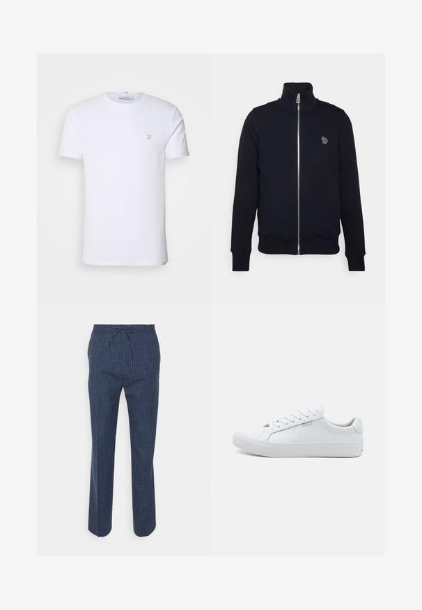 Marineblaue Zip-Up-Sweatshirt mit hohem Kragen, gerippten Bündchen und Saum. Verfügt über ein gesticktes Logo auf der linken Brust. Hergestellt aus weichem Stoff.; Weißes Baumwoll-T-Shirt mit kurzen Ärmeln, das ein kleines orangefarbenes "II"-Logo auf der linken Brust und einen Rundhalsausschnitt aufweist. Einfaches Design und Textur.; Tiger of Sweden ISCOVE - Stoffhose - light ink; Weiße Leder-Sneaker mit glatter Oberfläche, niedrigem Design, runder Spitze und flacher Gummisohle. Ausgestattet mit flachen Schnürsenkeln und minimaler Markenkennung.