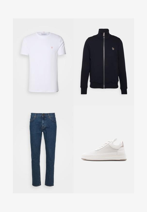 Marine blauwe zip-up sweatshirt met hoge kraag, geribbelde manchetten en tailleband. Bevat een geborduurd logo op de linkerkant van de borst. Gemaakt van zachte stof.; Witte katoenen t-shirt met korte mouwen, met een klein oranje "II" logo op de linkerborst en een ronde halslijn. Eenvoudig ontwerp en textuur.; Tiger of Sweden PISTOLERO - Straight leg jeans - medium blue; Witte lage sneaker met een gestructureerd zijpaneel, gewatteerde kraag, vetersluiting aan de voorkant en "Filling Pieces"-branding aan de zoolrand.