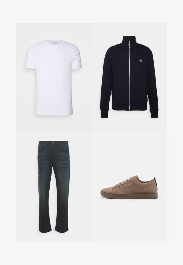 Sweat-shirt zippé bleu marine avec col montant, poignets et taille côtelés. Présente un logo brodé sur la poitrine gauche. Fabriqué en tissu doux.; T-shirt en coton blanc à manches courtes, avec un petit logo orange "II" sur la poitrine gauche et un col rond. Design et texture simples.; DRYKORN SIT - Jean droit - blue; Baskets en suède marron avec bout arrondi, design à lacets, onglet au talon contrastant et logo en relief. Semelle plate en caoutchouc, style minimaliste.