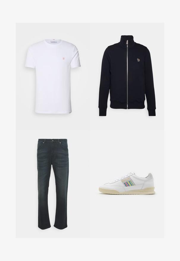 Marine blauwe zip-up sweatshirt met hoge kraag, geribbelde manchetten en tailleband. Bevat een geborduurd logo op de linkerkant van de borst. Gemaakt van zachte stof.; Witte katoenen t-shirt met korte mouwen, met een klein oranje "II" logo op de linkerborst en een ronde halslijn. Eenvoudig ontwerp en textuur.; DRYKORN SIT - Straight leg jeans - blue; Witte leren sneaker met een crèmewitte zool, meerkleurige strepenaccenten aan de zijkant en 'PS Paul Smith' merknaam in het goud.