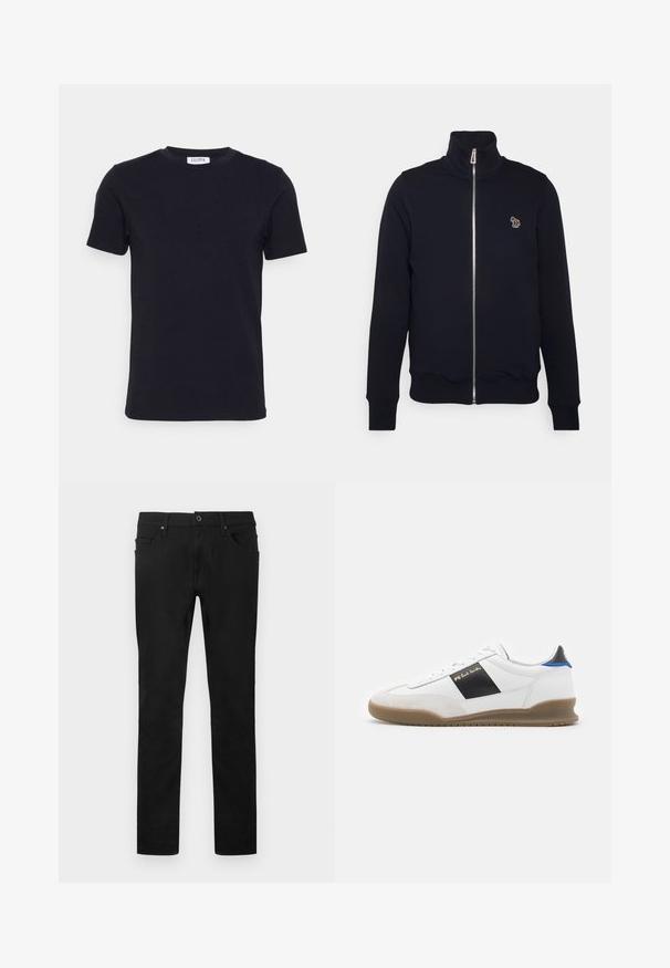 Mørkeblå zip-up sweatshirts med høj krave, ribstrikkede manchetter og talje. Har et broderet logo på venstre bryst. Lavet af blødt stof.; Sort kortærmet t-shirt med rund hals og et lille hvidt mærke indeni halsudskæringen.; Sorte bukser med lige ben, frontknap og lynlås, bæltestropper og fem-lomme design på hvid baggrund.; Hvid sneakers med sorte og blå detaljer, overdel i ruskind og læder, rund tå, flad gummisål og guld brandingdetalje på siden.