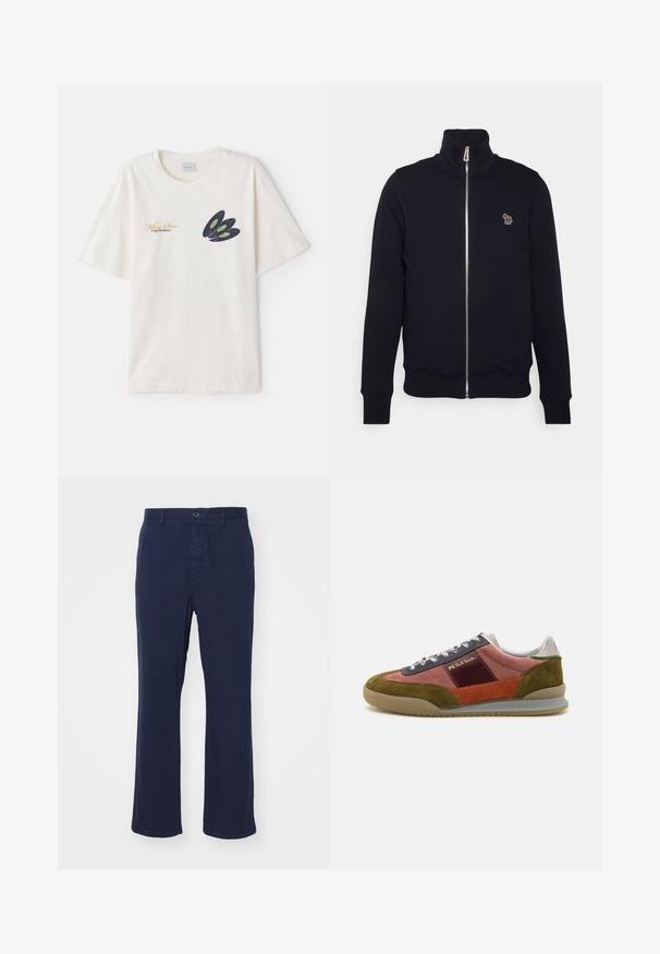 Marineblaue Zip-Up-Sweatshirt mit hohem Kragen, gerippten Bündchen und Saum. Verfügt über ein gesticktes Logo auf der linken Brust. Hergestellt aus weichem Stoff.; Cremfarbener Baumwoll-T-Shirt mit einem dunklen Schallplattendesign in grün mit goldener Schrift auf der Vorderseite. Kurze Ärmel, Rundhalsausschnitt.; Marineblaue Baumwollhose mit geradem Beinschnitt, ausgestattet mit einem vorderen Knopfverschluss und Seitentaschen. Glatte Textur mit minimalen Details.; PS Paul Smith DOVER - Sneaker low - pink