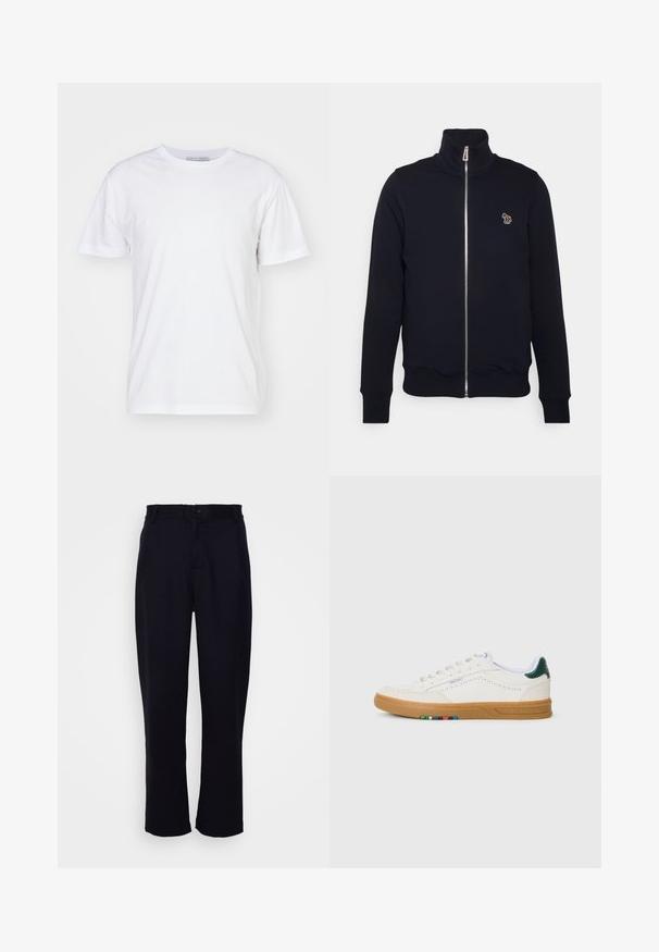 Mørkeblå zip-up sweatshirts med høj krave, ribstrikkede manchetter og talje. Har et broderet logo på venstre bryst. Lavet af blødt stof.; Hvid bomulds t-shirt med rund halsudskæring, korte ærmer og lige snit. Ingen mønstre eller udsmykninger, glat tekstur og enkel design.; Sorte bukser med lige ben-design, der har en tætsiddende talje, en enkelt frontknap og to forlommer. Glat tekstur.; Hvide lædersneakers med perfereret design, gummisul, grøn hælaccent og farverig stribe detalje på siden.